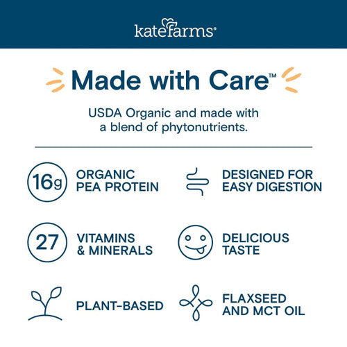 The Kate Farms Peptide 1.0 Vanilla Infographic highlights 16g hydrolyzed pea protein, 27 vitamins & minerals, plant-based nutrition for easy digestion and tube feeding, great taste, flaxseed & MCT oil. USDA Organic.