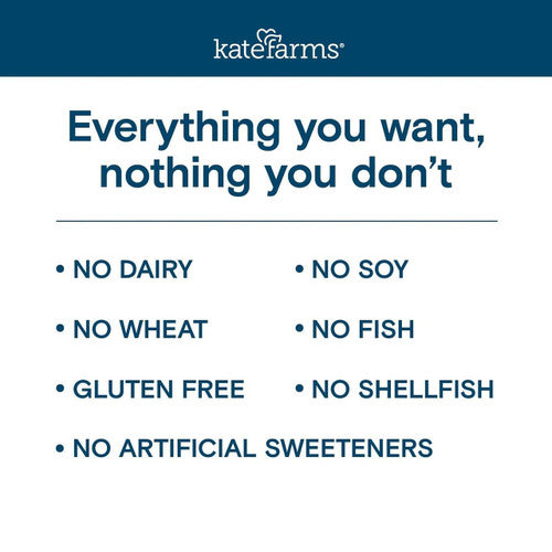 Text graphic with the Kate Farms logo. Main text: Everything you want, nothing you don’t. Kate Farms Peptide 1.0, Vanilla is free from dairy, wheat, soy, fish, shellfish; gluten-free and has no artificial sweeteners—great for tube feeding with hydrolyzed pea protein.