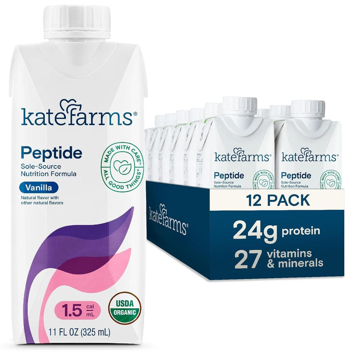 A carton of Kate Farms Peptide Formula 1.5, Vanilla is shown beside a 12-pack box. The cartons highlight 24g protein, complete nutrition with 27 vitamins & minerals, and organic certification from Kate Farms.