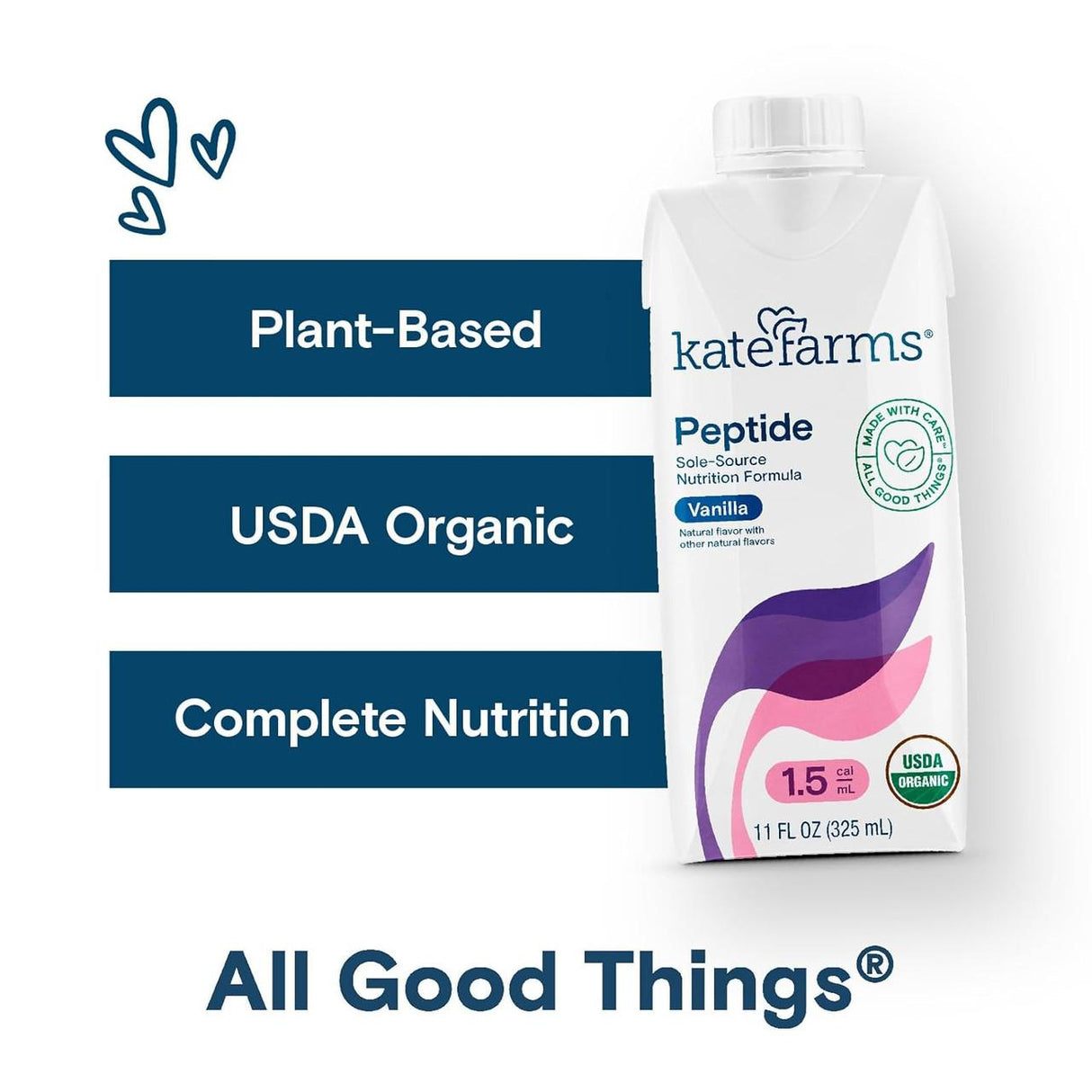 A carton of Kate Farms Peptide Formula 1.5, Vanilla is shown beside labels reading Plant-Based, USDA Organic, and Complete Nutrition. At the bottom, the phrase All Good Things® appears.