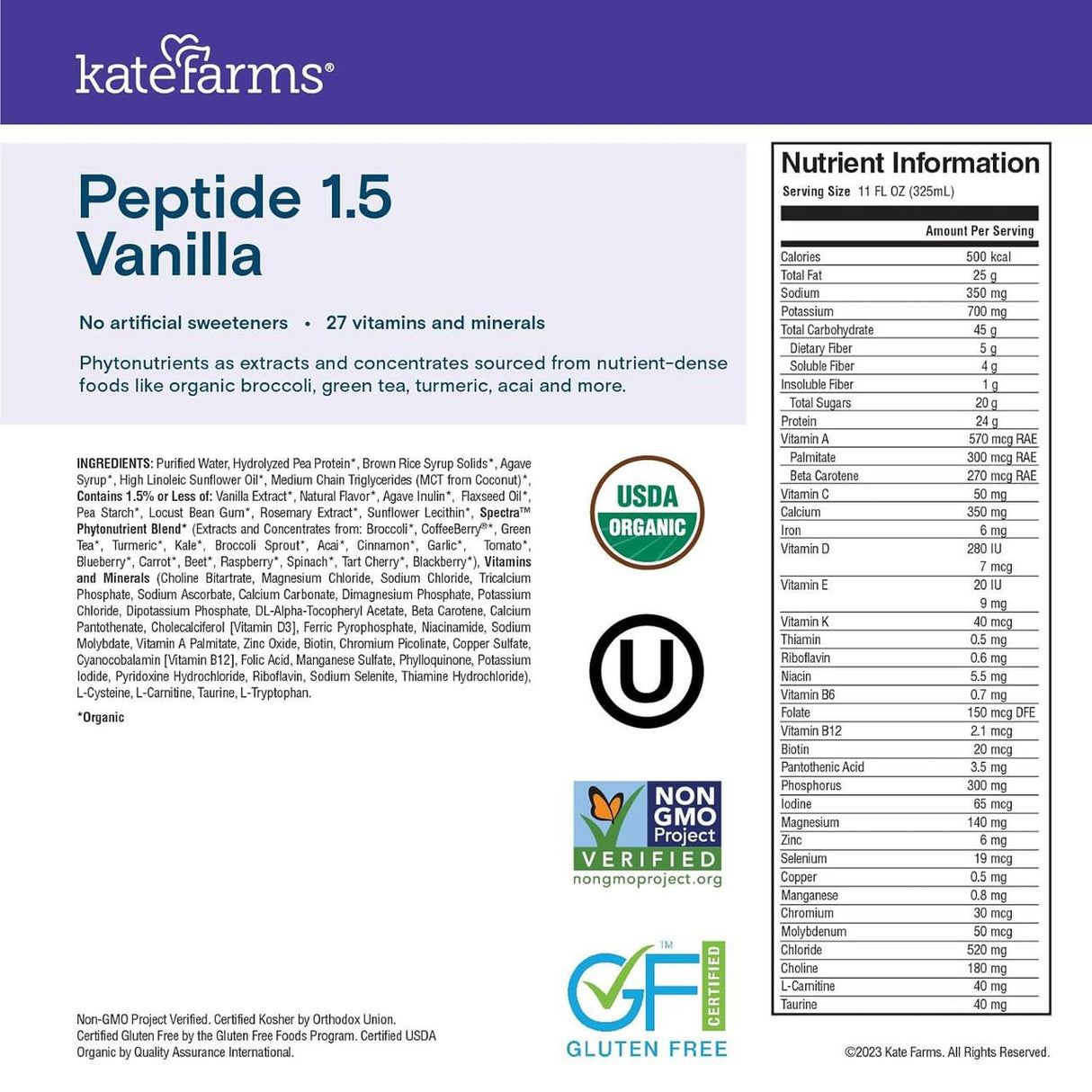 Kate Farms Peptide Formula 1.5, Vanilla features hydrolyzed organic pea protein for peptide tube feeding, complete nutrition, 27 vitamins and minerals, USDA Organic and Non-GMO certifications—all with no artificial sweeteners.