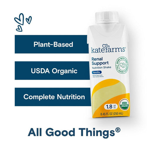 A Kate Farms Renal Support 1.8, Vanilla, CS/12 shake is shown beside three checkboxes: Plant-Based, USDA Organic, and Complete Nutrition, spotlighting plant-based protein for dialysis nutrition. Below is the text: All Good Things®.