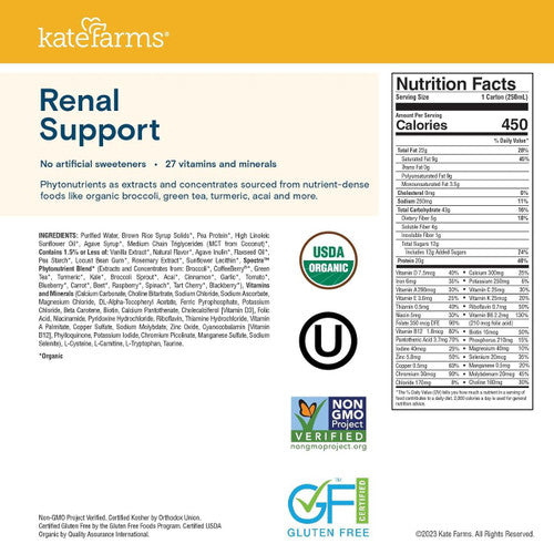 The Kate Farms Renal Support 1.8 Vanilla (CS/12) label highlights USDA Organic, Non-GMO Project Verified, Gluten Free, 27 vitamins/minerals, and no artificial sweeteners—ideal dialysis nutrition from Kate Farms.