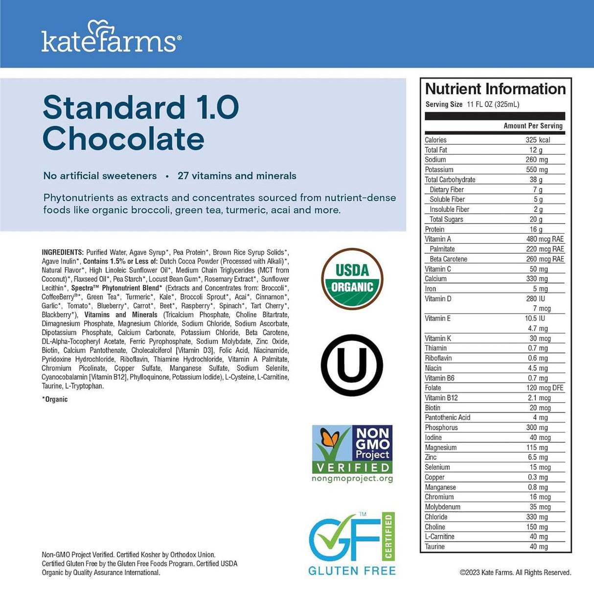 A nutrition label for Kate Farms Standard Formula 1.0, Chocolate, lists ingredients, organic protein nutrient facts per serving, and certifications: USDA Organic, Non-GMO Project Verified, Certified Gluten-Free, and Certified Vegan in this plant-based formula.