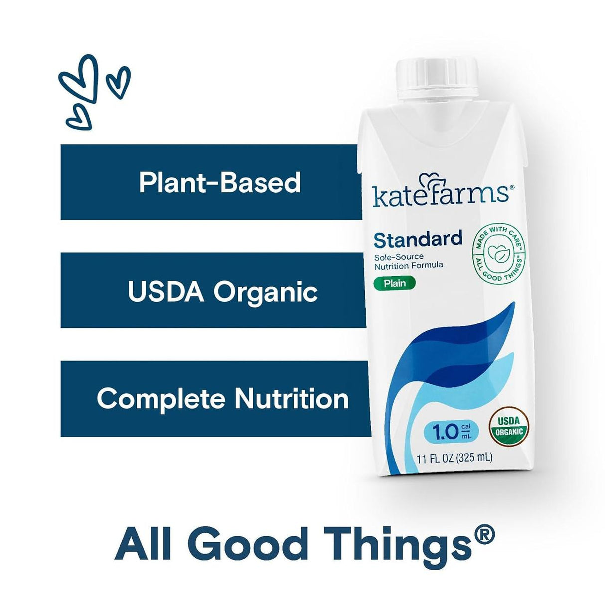 A case of 12 Kate Farms Standard Formula 1.0, Plain cartons with Plant-Based, USDA Organic, and Complete Nutrition text, blue leaf graphics, a USDA Organic seal, and All Good Things® below. Brand: Kate Farms.