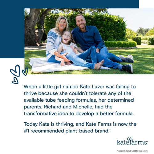 A smiling family relaxes on a picnic blanket. Text beside them explains how Kate Laver’s story inspired Kate Farms to create medical nutrition like their Standard Formula 1.4, Chocolate, CS/12.