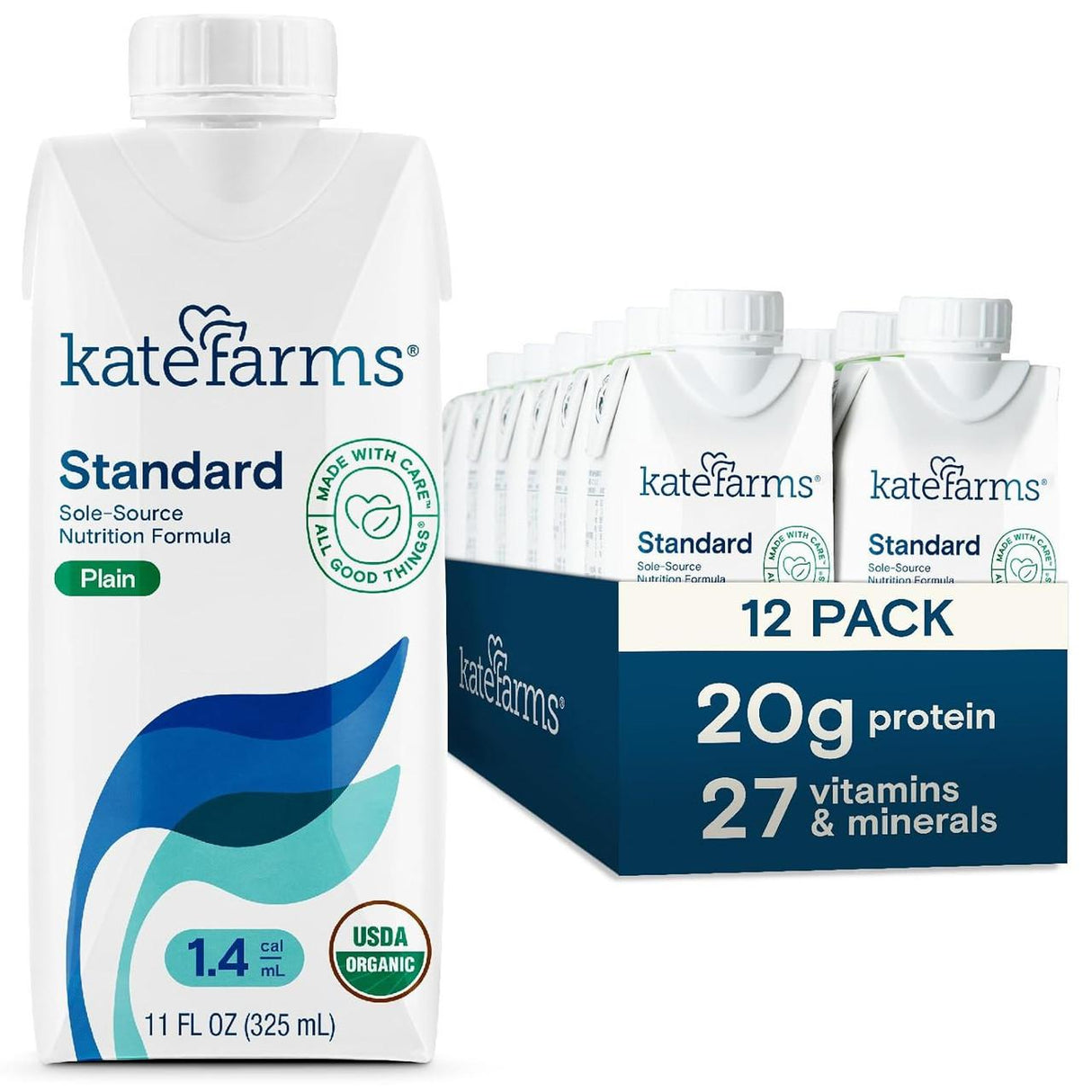 A Kate Farms Standard Formula 1.4, Plain carton (1.4 cal/mL, USDA organic) is displayed in front of a 12-pack box showing 20g protein and 27 vitamins & minerals—nutrition for weight gain from Kate Farms.