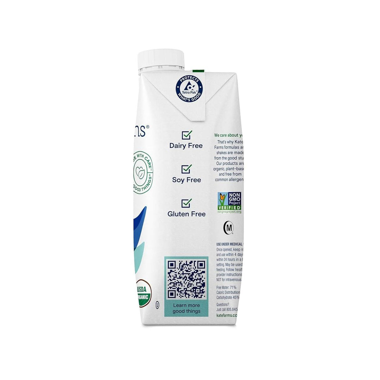 Side view of Kate Farms Standard Formula 1.4, Plain shows icons and text: dairy free, soy free, gluten free, USDA organic, non-GMO—ideal as an organic protein shake or high-calorie tube feeding formula. QR code and sustainability symbols also visible.