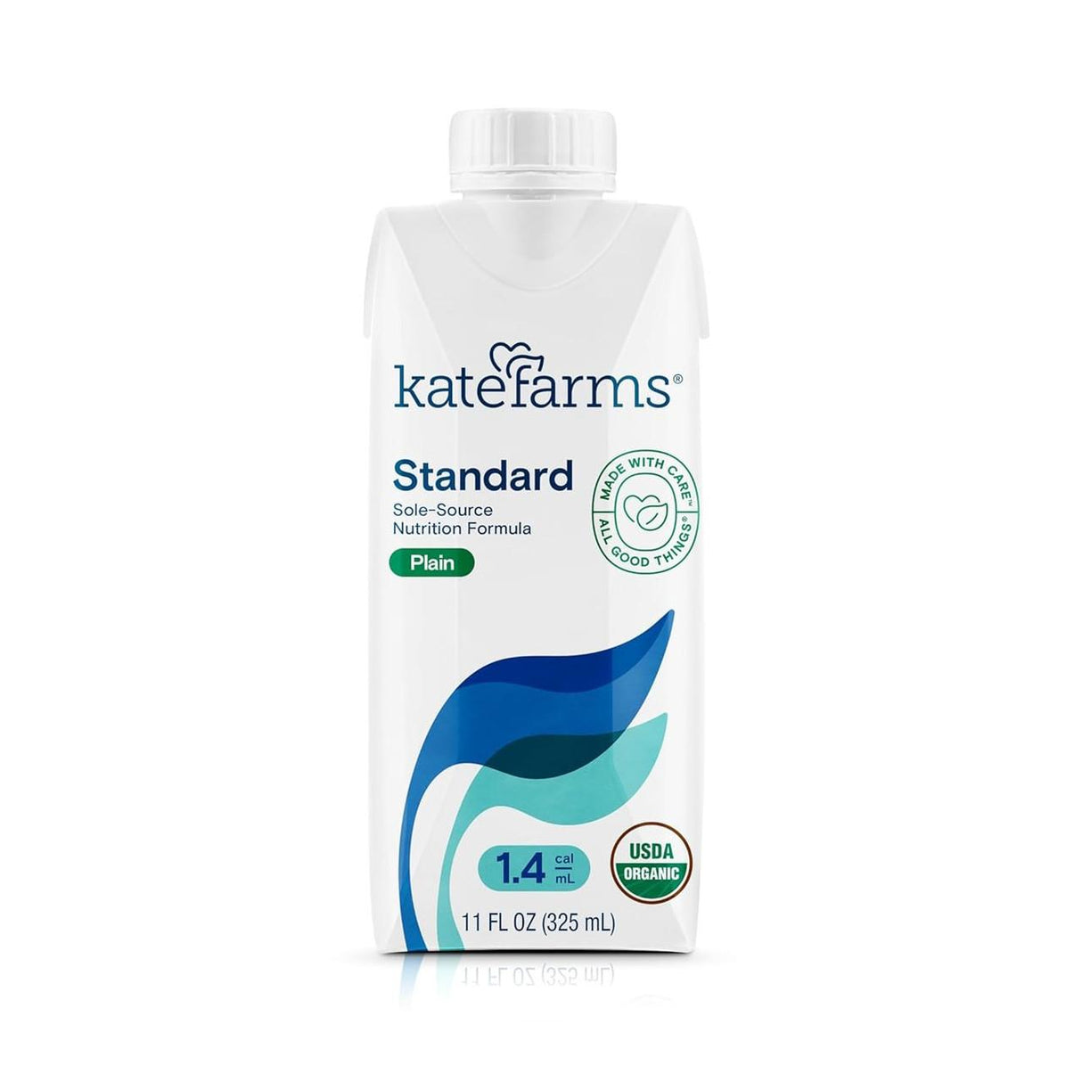 A 325ml (11 fl oz) white carton of Kate Farms Standard Formula 1.4, Plain—a USDA Organic nutrition shake for weight gain. The packaging features blue and teal leaf designs plus nutritional facts and Made with Care branding.