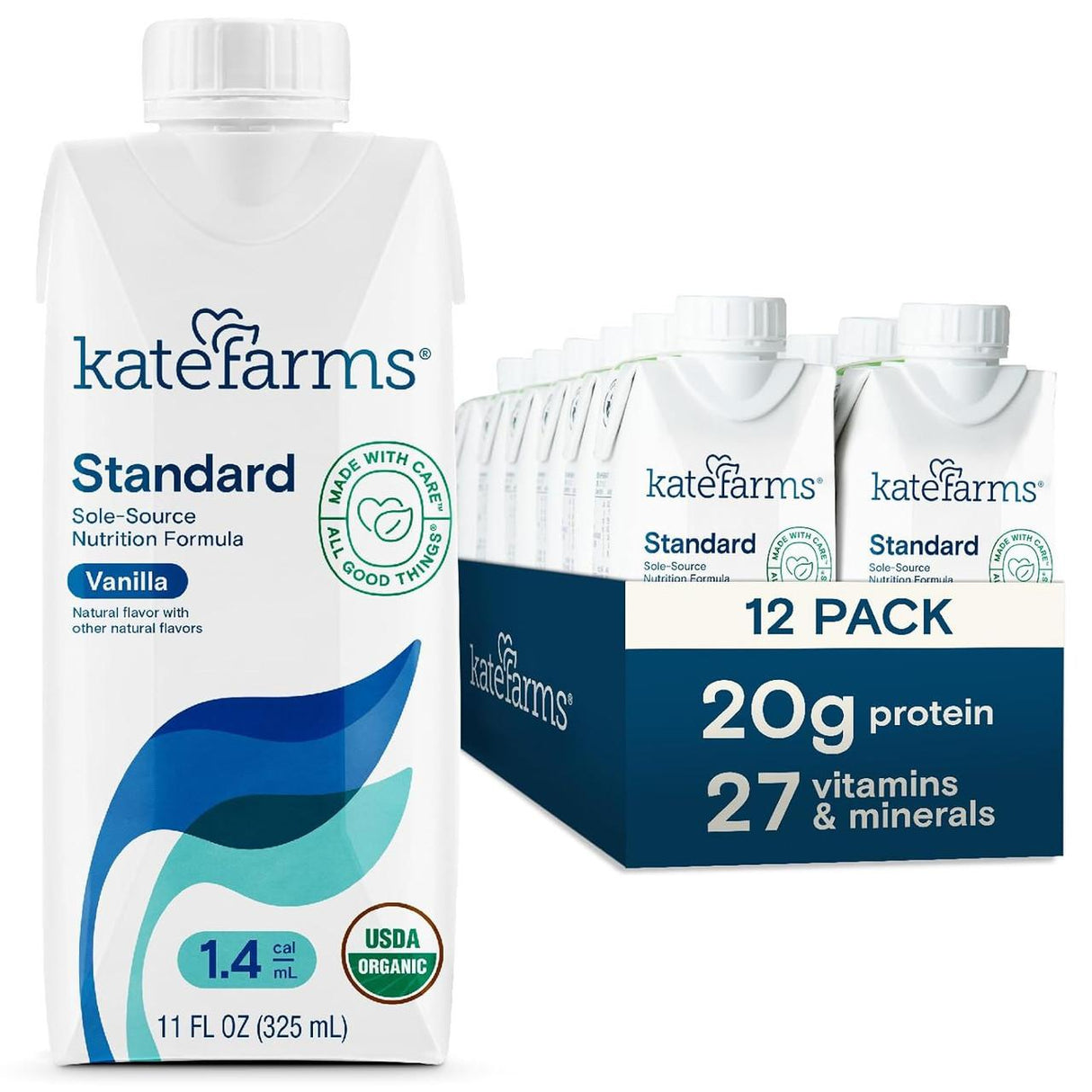 A Kate Farms Standard Formula 1.4, Vanilla carton sits beside a 12-pack box, highlighting 1.4 calories/mL, USDA Organic certification, 20g protein, and 27 vitamins & minerals for oral nutrition support.