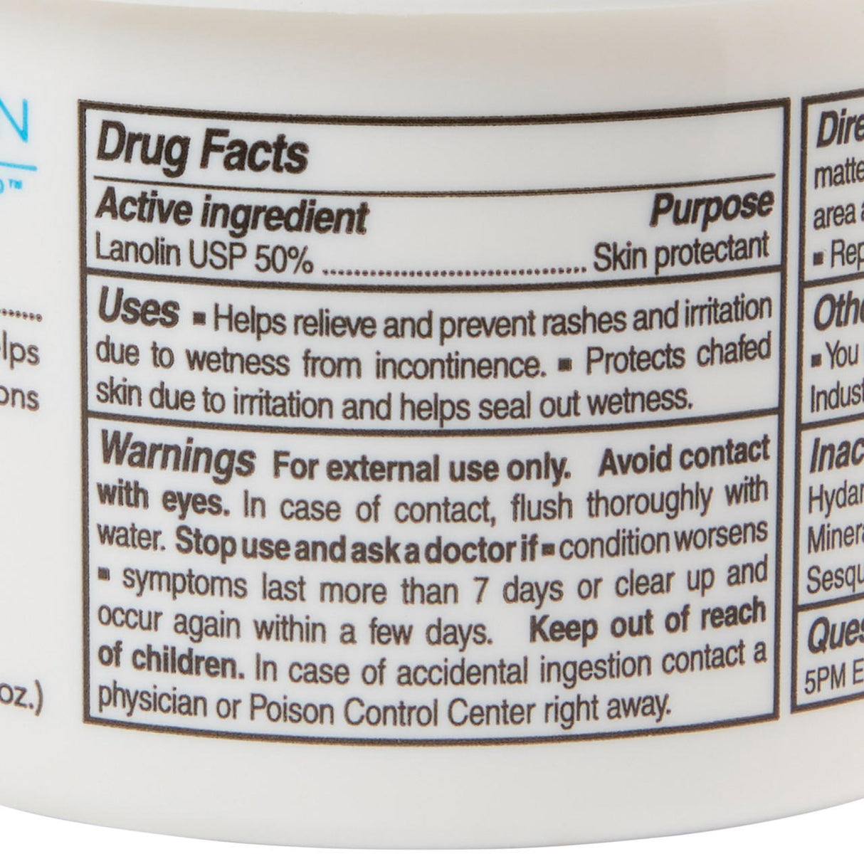 The Drug Facts label on Dermarite Lantiseptic Moisture Shield Original Skin Protectant, 12 oz Jar, lists a lanolin-enriched formula (Lanolin USP 50%), skin barrier cream purpose, uses, warnings, and instructions to keep from children and avoid eye contact.