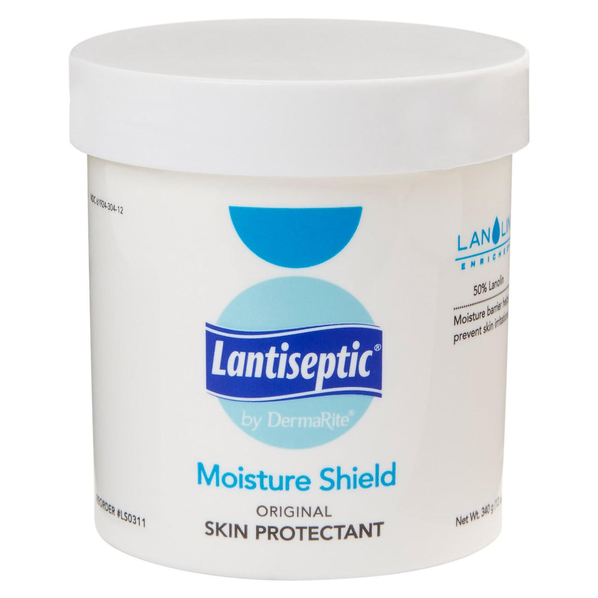 A 12 oz jar of Lantiseptic Moisture Shield Original Skin Protectant by Dermarite, featuring a blue and white label, is displayed against a plain background.