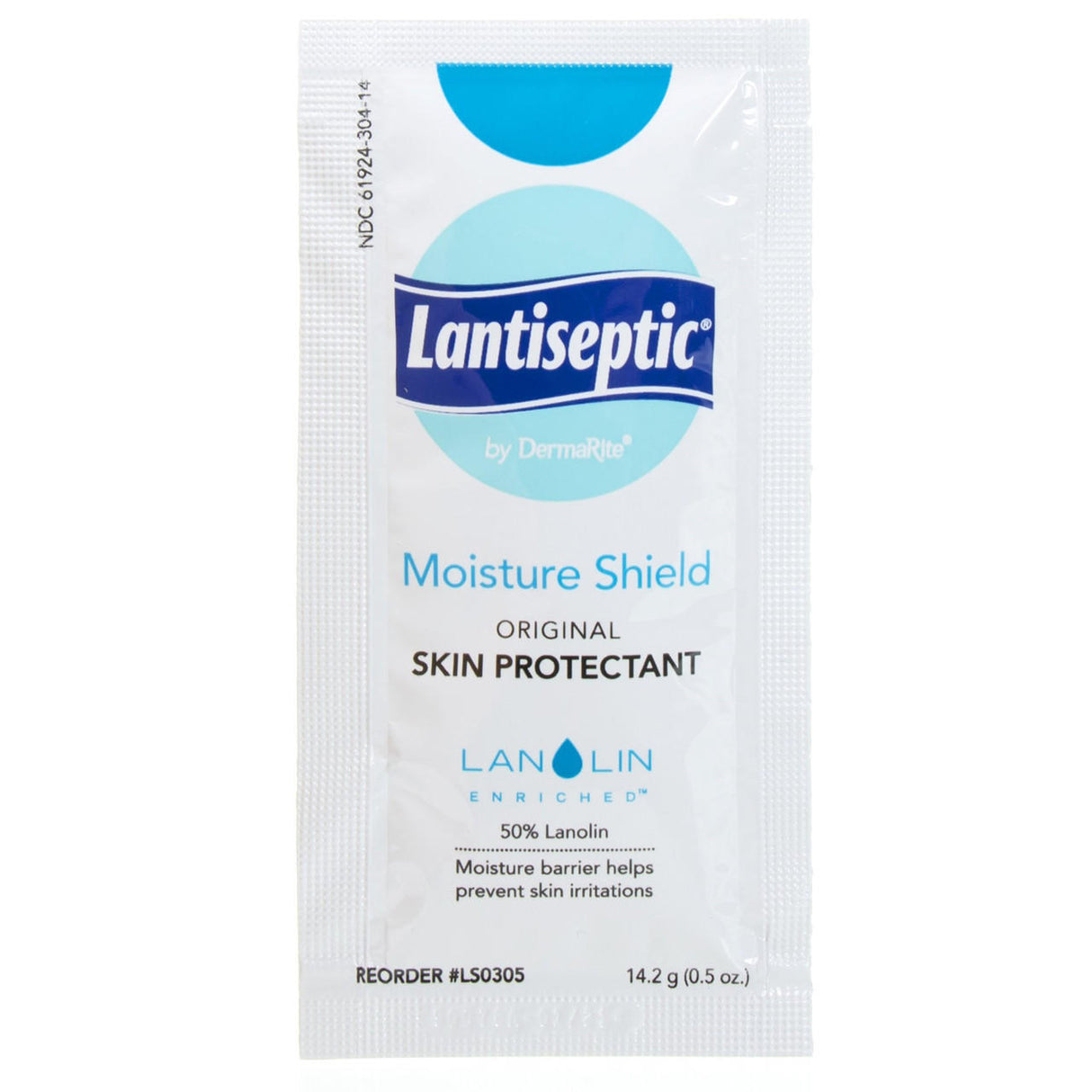 A white Dermarite Lantiseptic Moisture Shield Original Skin Protectant packet (14.2g) with blue and teal accents, enriched with 50% lanolin for advanced skin protection.