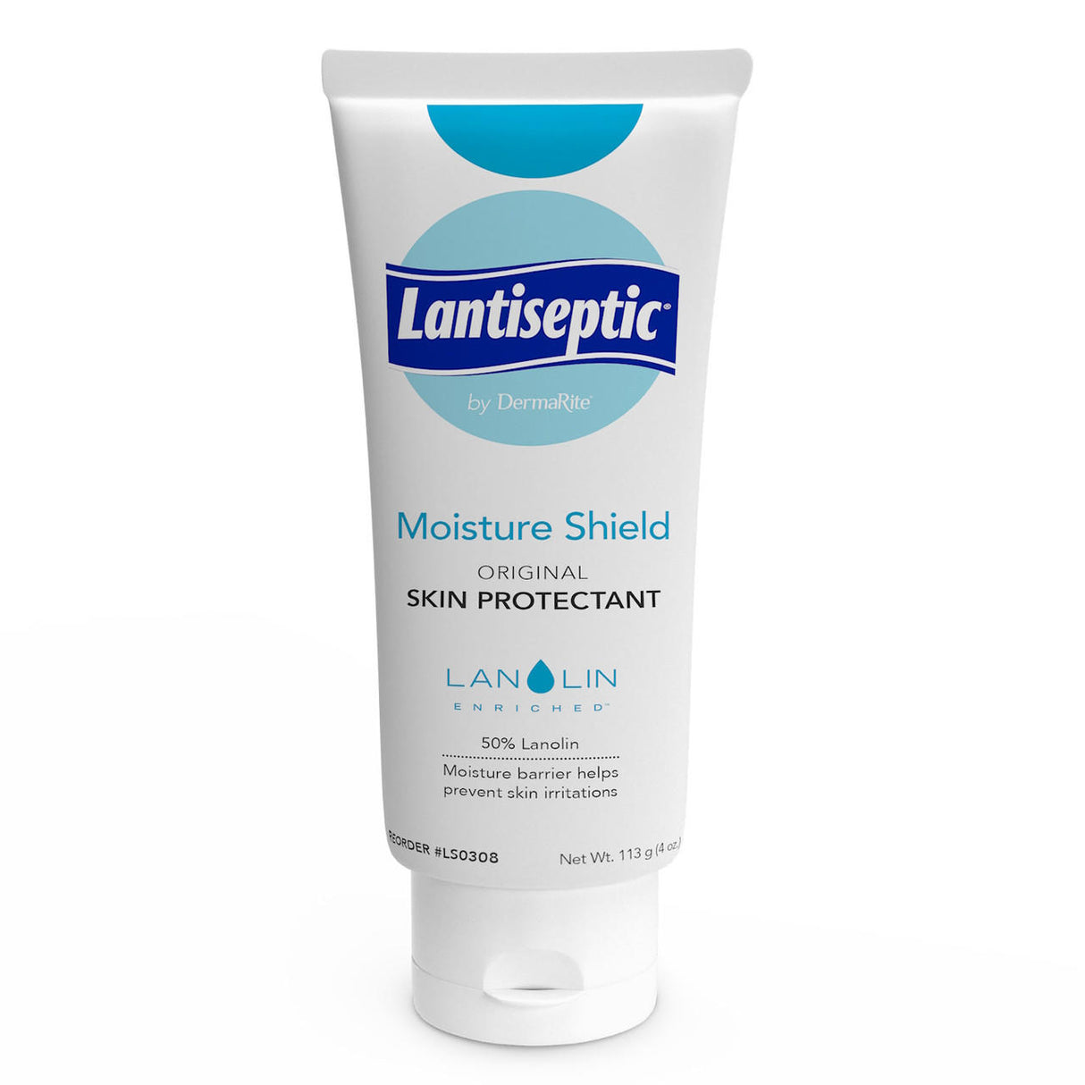 A white 4 oz tube of DermaRite Lantiseptic Moisture Shield Original Skin Protectant, enriched with 50% lanolin for advanced skin protection to help prevent irritation.