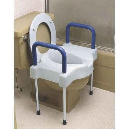 The Maddak Extra Wide Tall-Ette Elevated Toilet Seat with Aluminum Legs securely fits most toilets, providing added height and support for users with mobility needs, plus stable padded armrests for extra comfort.