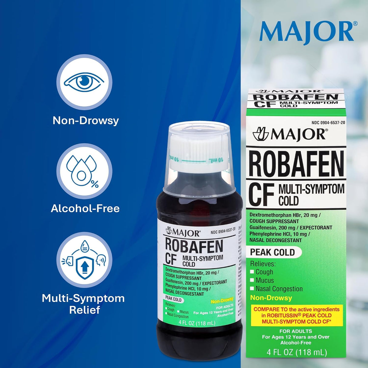 Major Robafen CF Multi - Symptom Cold and Cough Relief Liquid, 4 fl oz - 00904653720 - LL Medico