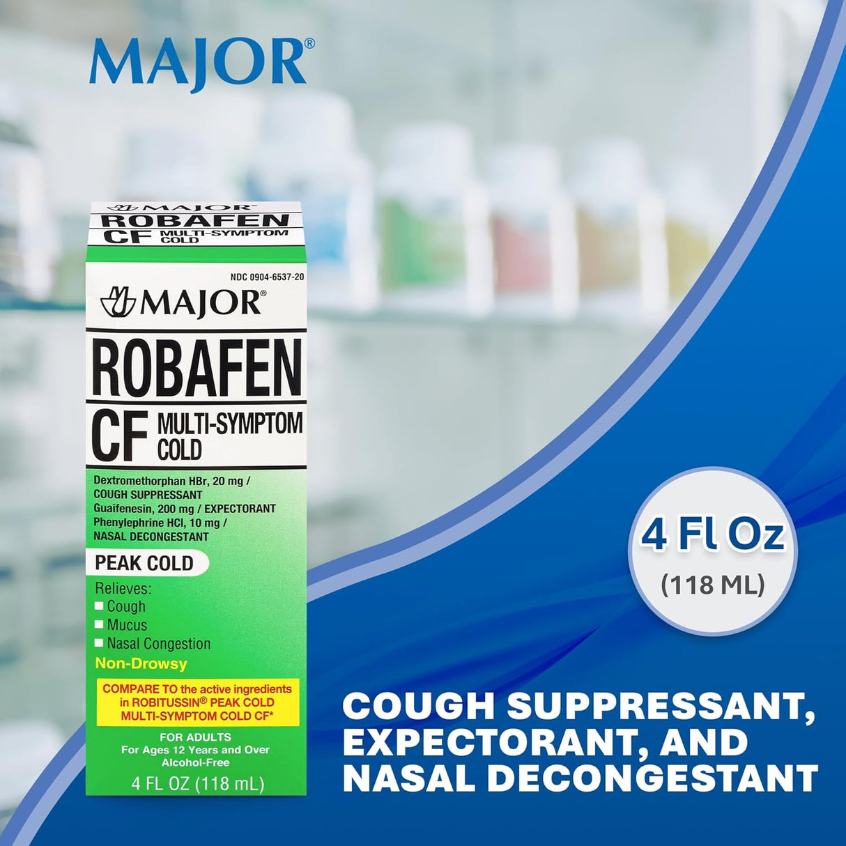 Major Robafen CF Multi - Symptom Cold and Cough Relief Liquid, 4 fl oz - 00904653720 - LL Medico