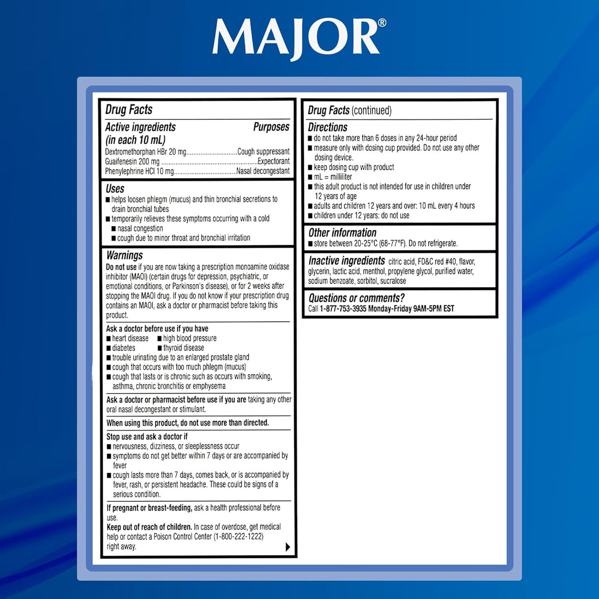 Major Robafen CF Multi - Symptom Cold and Cough Relief Liquid, 4 fl oz - 00904653720 - LL Medico