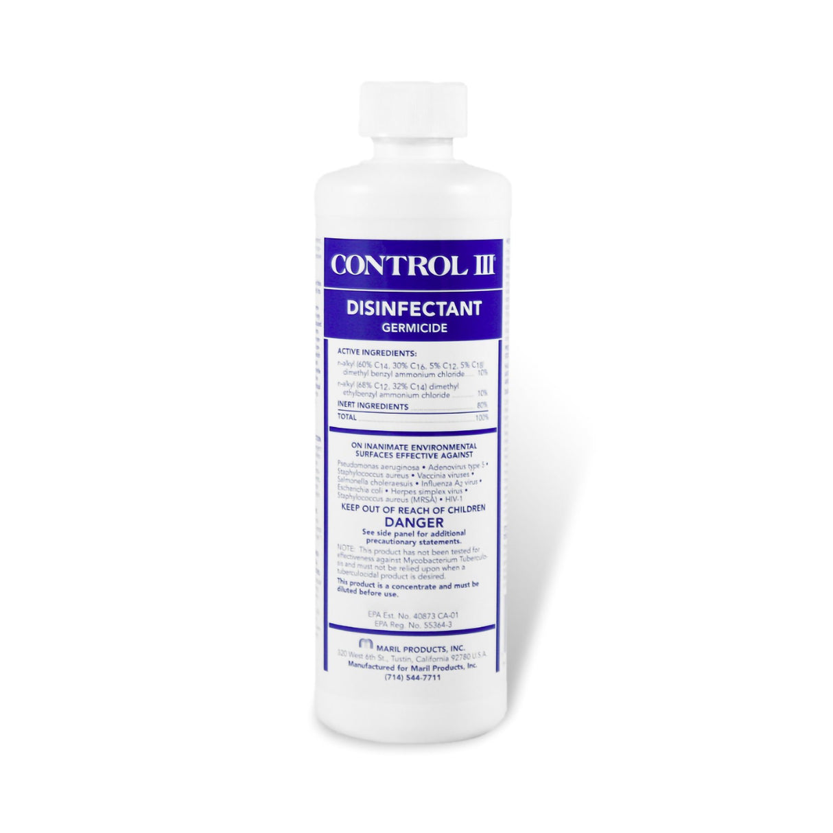 A white plastic bottle of Maril Control III Germicidal and Disinfectant, Concentrated, by Maril features blue text with ingredients, directions, warnings, and manufacturer info. It has a white cap and stands upright.