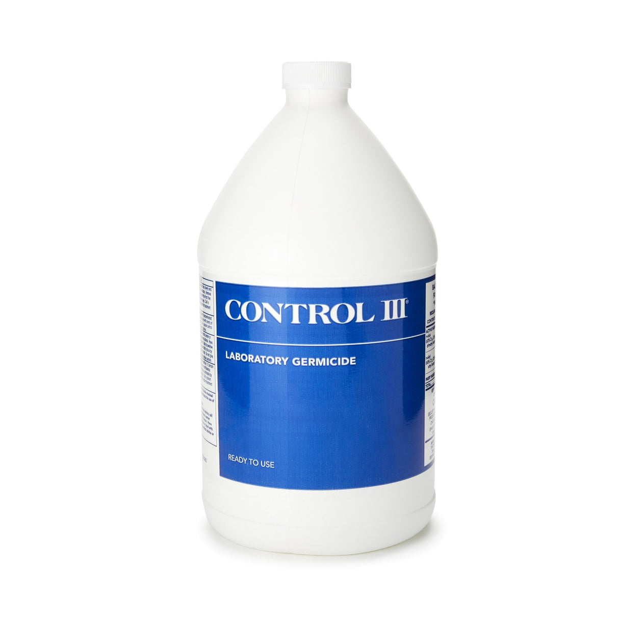 A white plastic gallon bottle labeled Maril Control III Germicidal and Disinfectant, Concentrated by Maril, with a blue label on a plain white background. This hospital-grade disinfectant is ideal for laboratory and medical use.