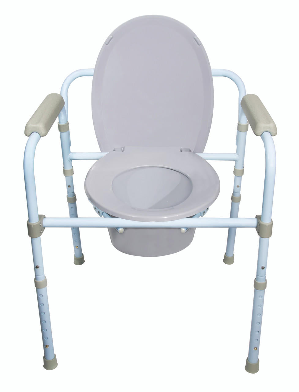 The McKesson 3 in 1 Folding Bedside Commode by McKesson features a white plastic seat, armrests, light blue metal frame, and supports up to 350 lbs—ideal for individuals with limited mobility.