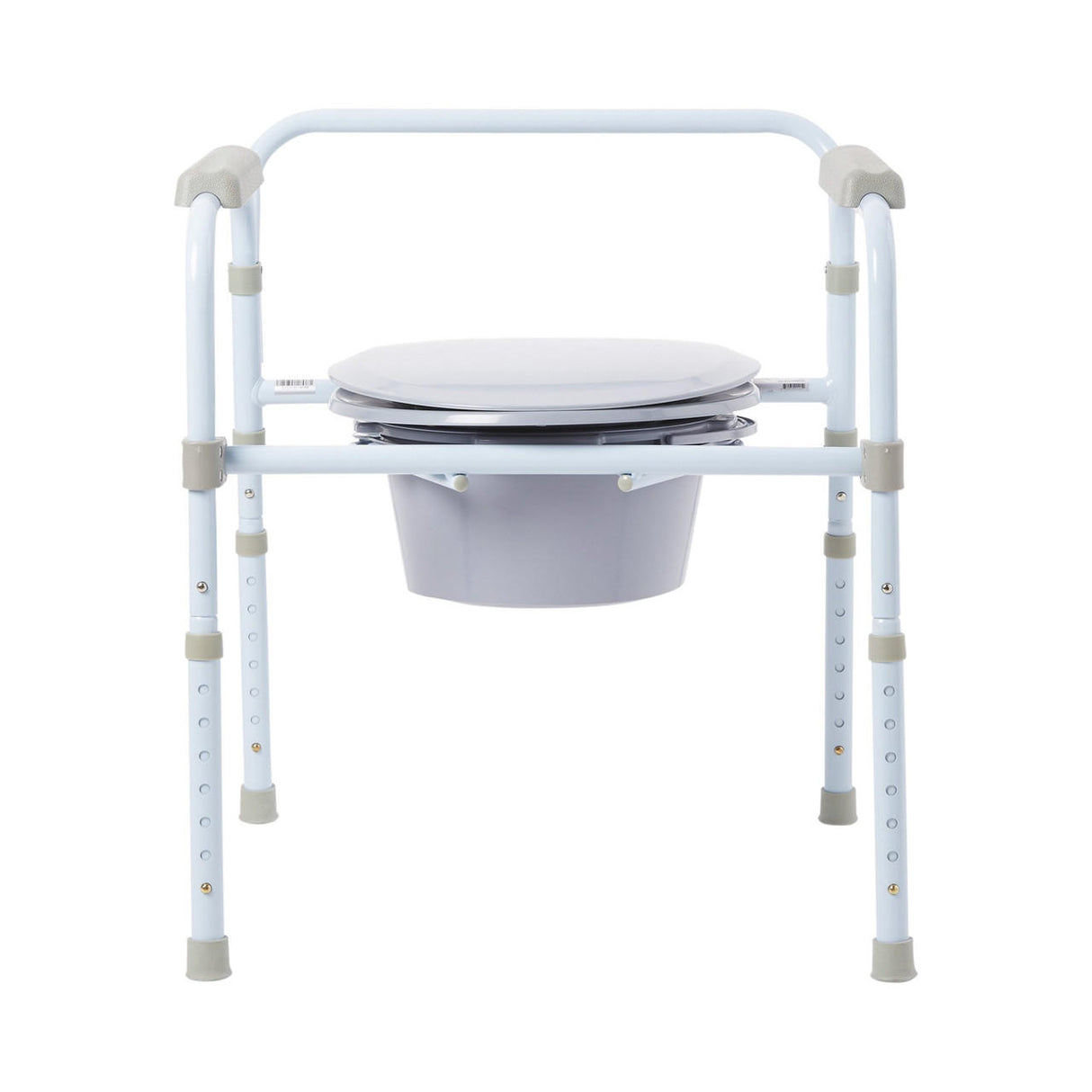 The McKesson 3 in 1 Folding Bedside Commode supports up to 350 lbs, features adjustable metal legs, a white seat, and a removable gray bucket, and can also be used as a raised toilet seat for individuals with limited mobility.