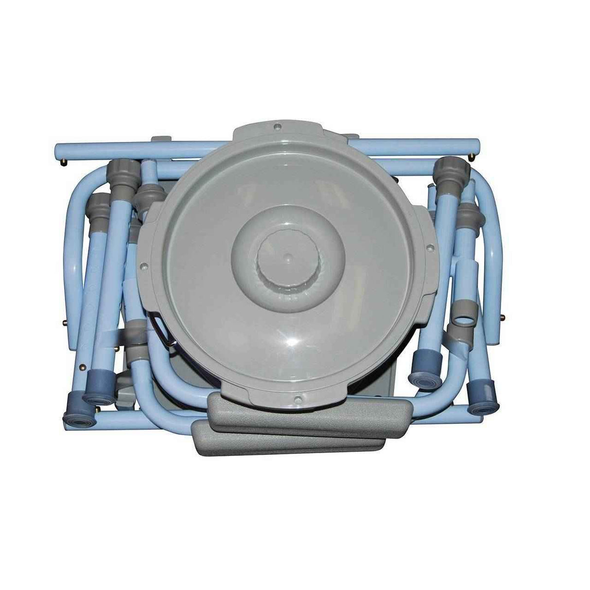 The McKesson 3 in 1 Folding Bedside Commode features a blue metal frame and a round gray plastic seat and lid. This portable chair supports up to 350 lbs and serves as a raised toilet seat or safety frame for added support and convenience.