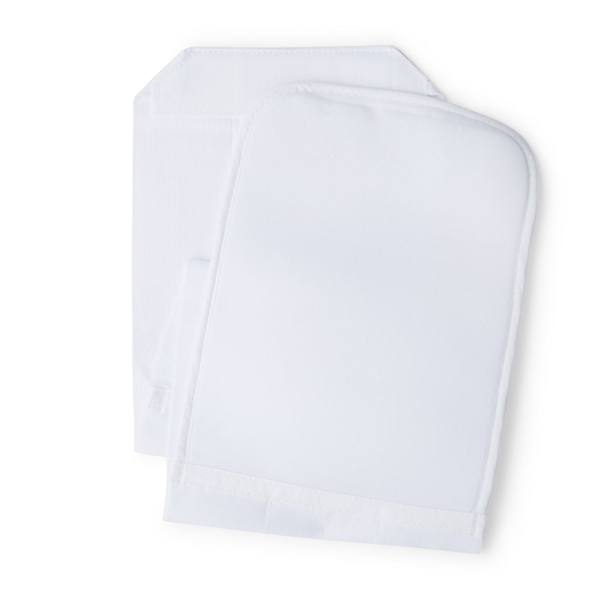 Two white terry cloth bath mitts are stacked together against a plain white background, evoking the soft feel of the McKesson Abdominal Binder by McKesson, which provides gentle compression after abdominal surgery.