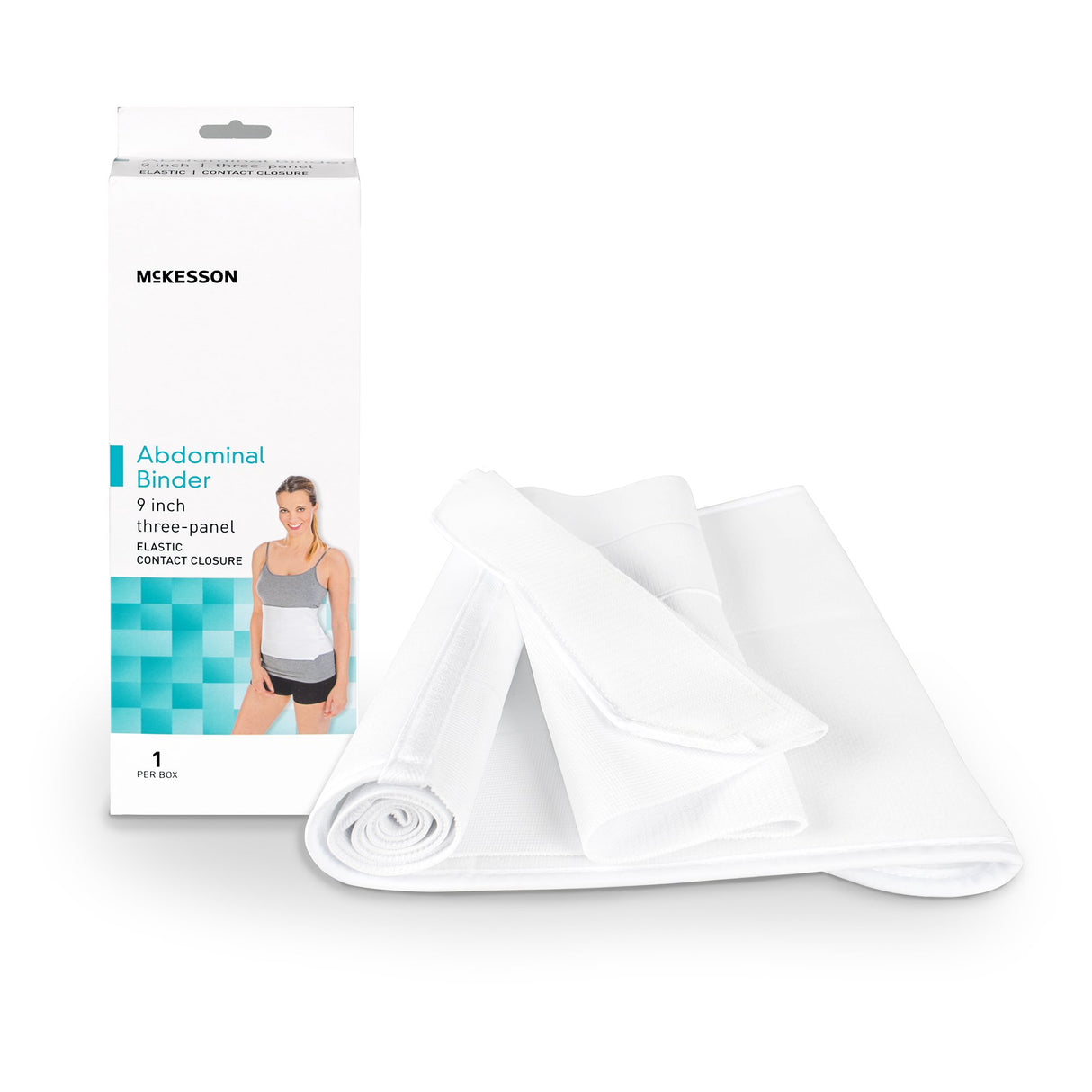 The McKesson Abdominal Binder, a three-panel 9-inch white support, is displayed beside its packaging featuring the McKesson brand and a model wearing the binder. It is ideal for abdominal strain relief or post-surgery compression.