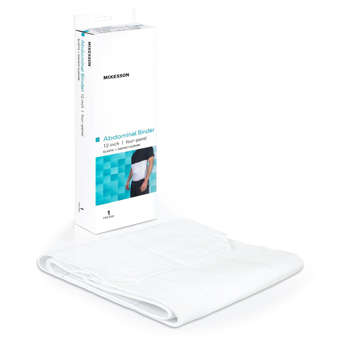 A folded McKesson Abdominal Binder is shown in front of its box, which displays the product being worn for post-surgery compression. The box is labeled with the McKesson brand and the binder’s 12-inch width.