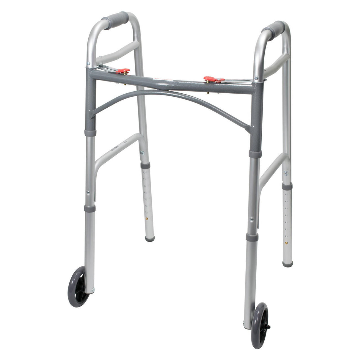 The McKesson Adult Folding Walker w/ Wheels by McKesson is a lightweight silver aluminum walker with two front wheels, rear rubber-tipped legs, hand grips, and height-adjustable legs.