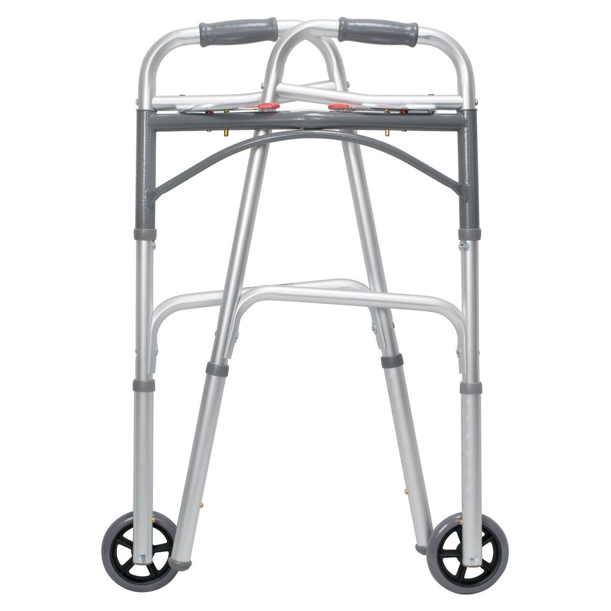 The McKesson Adult Folding Walker w/ Wheels by McKesson is a sturdy, lightweight aluminum walker with two front wheels, rubber hand grips, and adjustable height for comfortable mobility support.