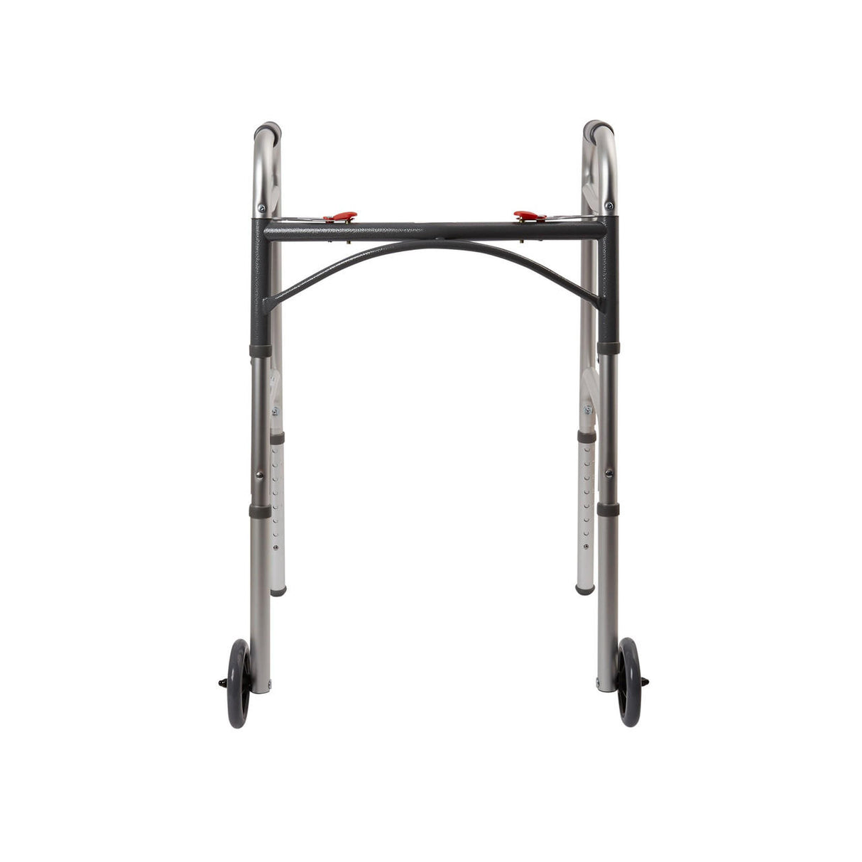 The McKesson Adult Folding Walker w/ Wheels by McKesson is a lightweight aluminum mobility aid featuring two front wheels, rubber-tipped rear legs, and adjustable height, shown against a white background.