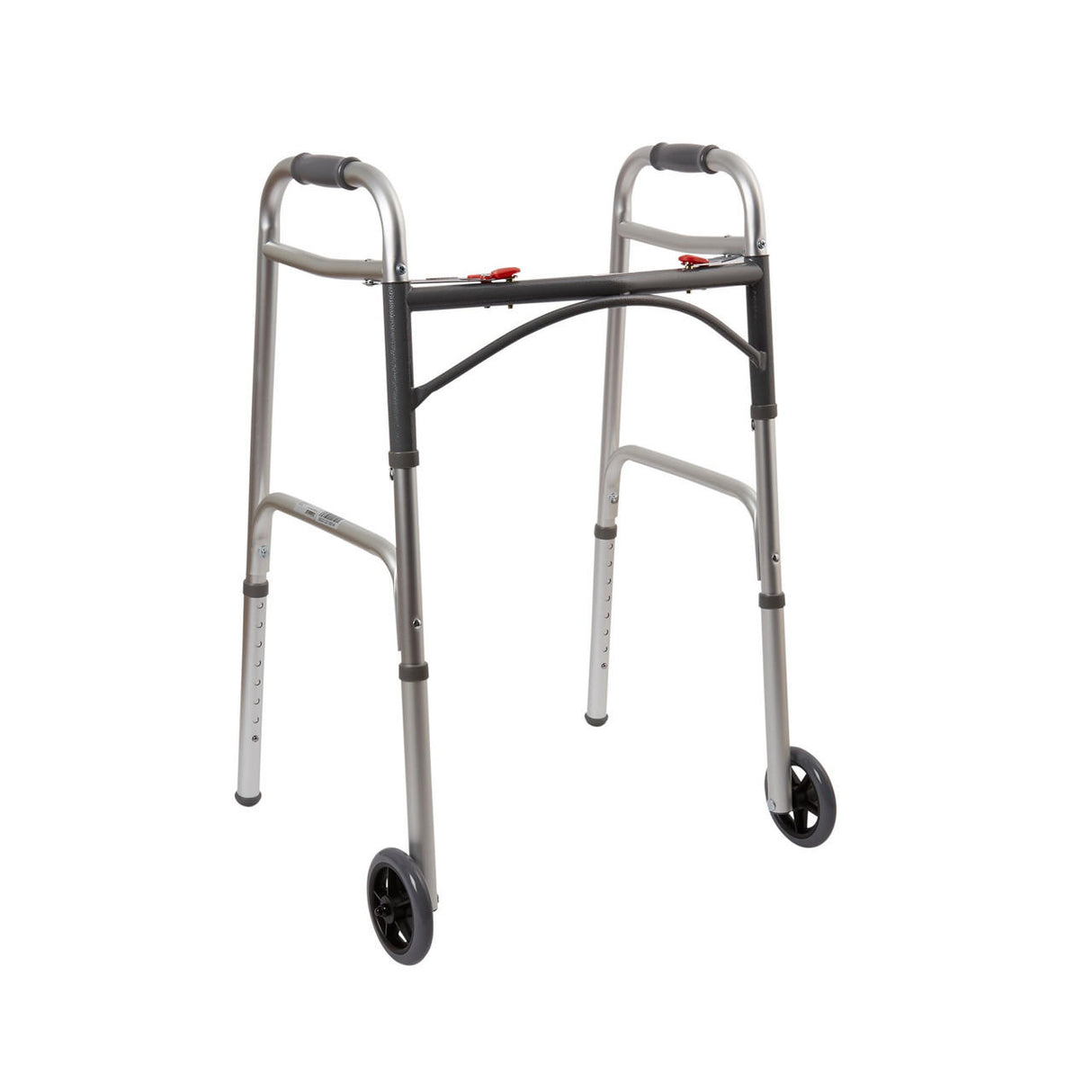 The McKesson Adult Folding Walker w/ Wheels is a lightweight silver aluminum walker by McKesson, featuring two front wheels, two back legs, gray handgrips, and adjustable height to assist with mobility.
