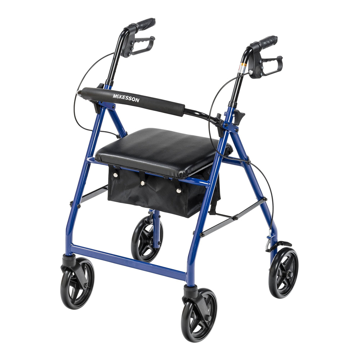 The McKesson Aluminum Rollator, Blue, provides lightweight mobility with four black wheels, hand brakes, ergonomic handles, a padded seat, and an under-seat storage pouch.