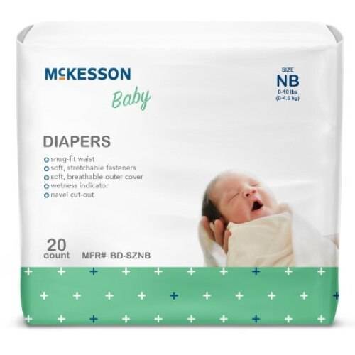 McKesson Baby Diapers, Newborn (0-10 lbs), 20-count pack, provide a snug fit and wetness indicator for sensitive infants. The package features a photo of a yawning baby.