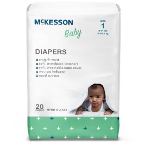 McKesson Baby Diapers, Size 1, 8-14 lbs, 20 count. Features superior absorbency, snug-fit waist, and a soft, breathable cover. Packaging shows a baby peeking from under a white blanket.