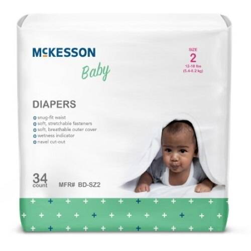 McKesson Baby Diapers, Size 2 (12-18 lbs), 34 count, offer superior absorbency, a snug-fit waist, and a soft, breathable outer cover for comfort and protection. Brand: McKesson.
