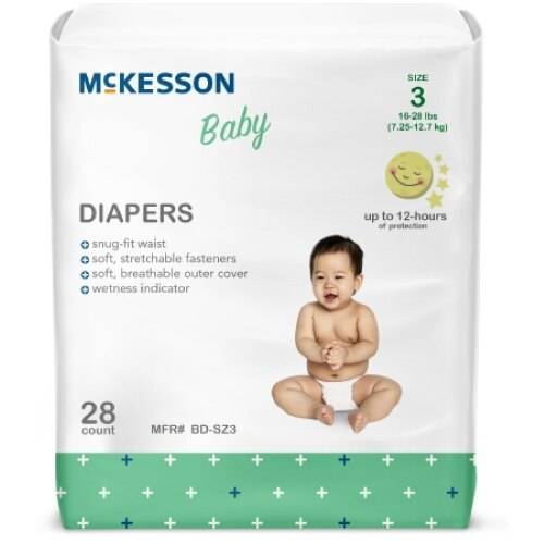 McKesson Baby Diapers, Size 3 (16-28 lbs), feature a wetness indicator, up to 12-hour protection, and come in a pack of 28 for reliable comfort and care.