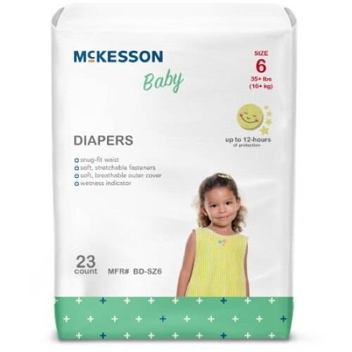 McKesson Baby Diapers, Size 6, for babies over 35 lbs, 23 count. Features up to 12-hour absorbency, wetness indicator, and a package with a smiling young girl. Brand: McKesson.