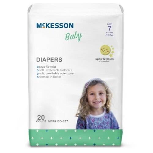 McKesson Baby Diapers, Size 7, for babies 41+ lbs. Pack of 20 with wetness indicator, comfort icons, and up to 12 hours of absorbency. Features a smiling girl photo on the front. Brand: McKesson.