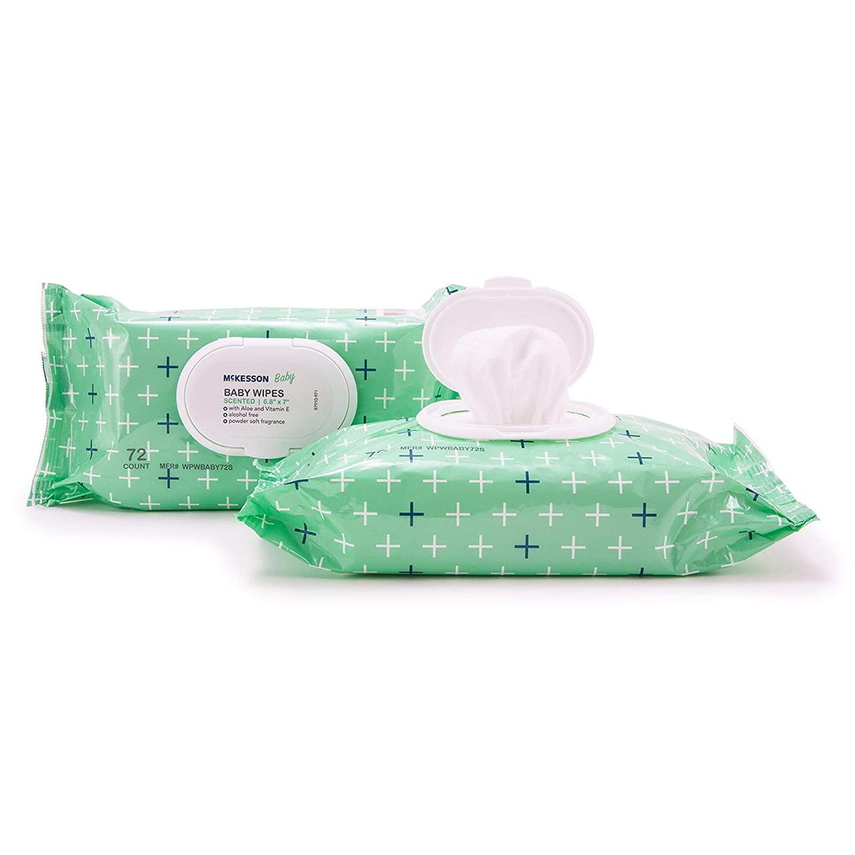 Two packs of McKesson Baby Wipes, Scented by McKesson in green packaging with white plus signs; one closed, the other open with an alcohol-free, aloe vera-enriched wipe partially pulled out.