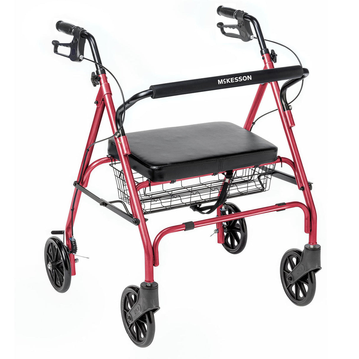 The McKesson Bariatric 4 Wheel Folding Rollator in red features ergonomic handles with brakes, a black cushioned seat, and a metal basket for reliable mobility support.