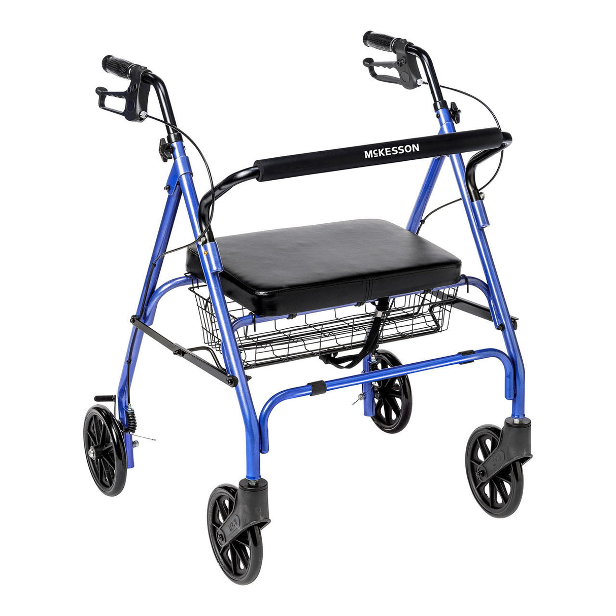 The McKesson Bariatric 4 Wheel Rollator, Blue, features four black wheels, a padded seat, ergonomic handles, hand brakes, a backrest, and a wire basket under the seat.