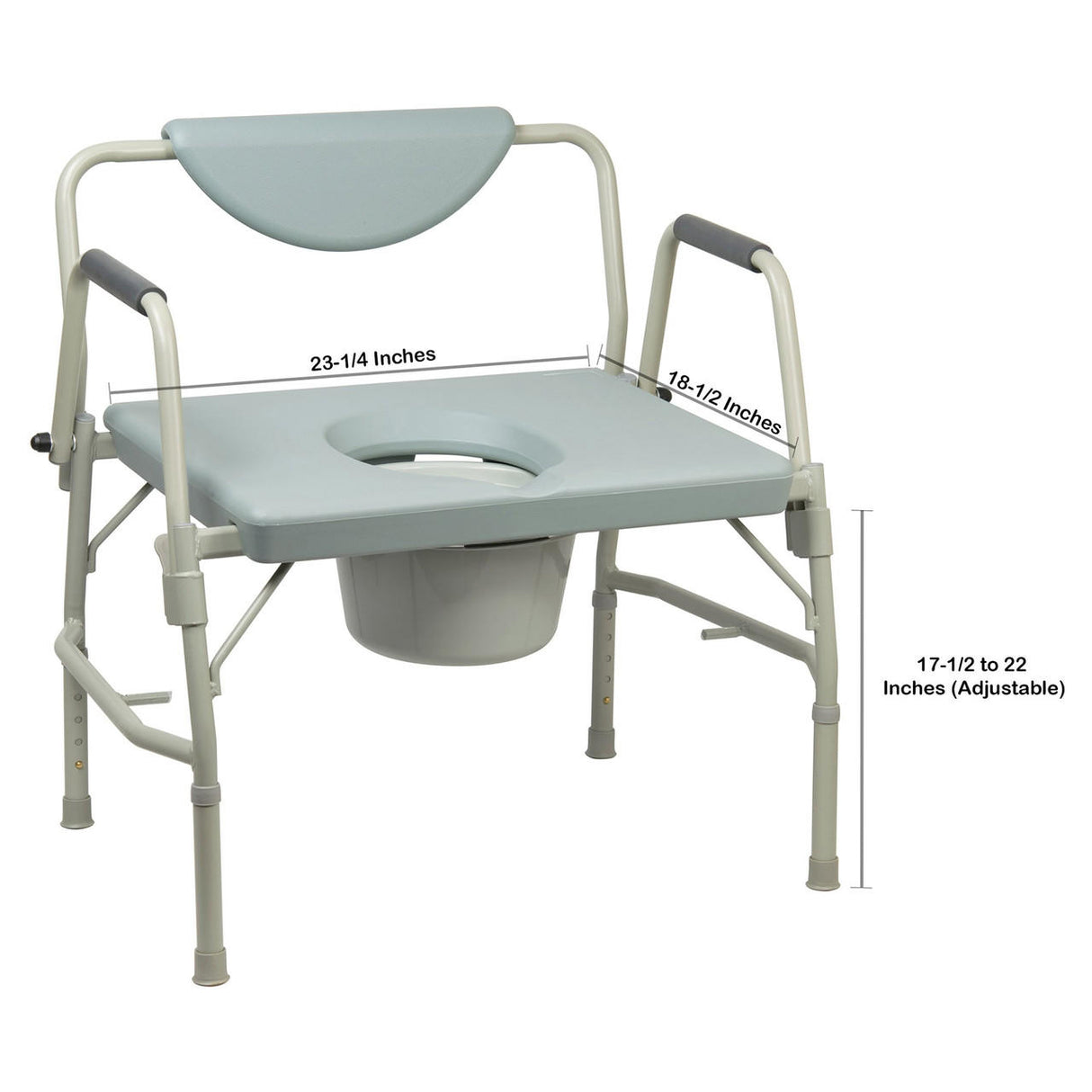 The McKesson Bariatric Commode Chair by McKesson features a steel frame, adjustable drop arms, armrests, removable backrest, and a bucket. It measures 23-1/4W x 18-1/2D with an adjustable seat height from 17-1/2 to 22.