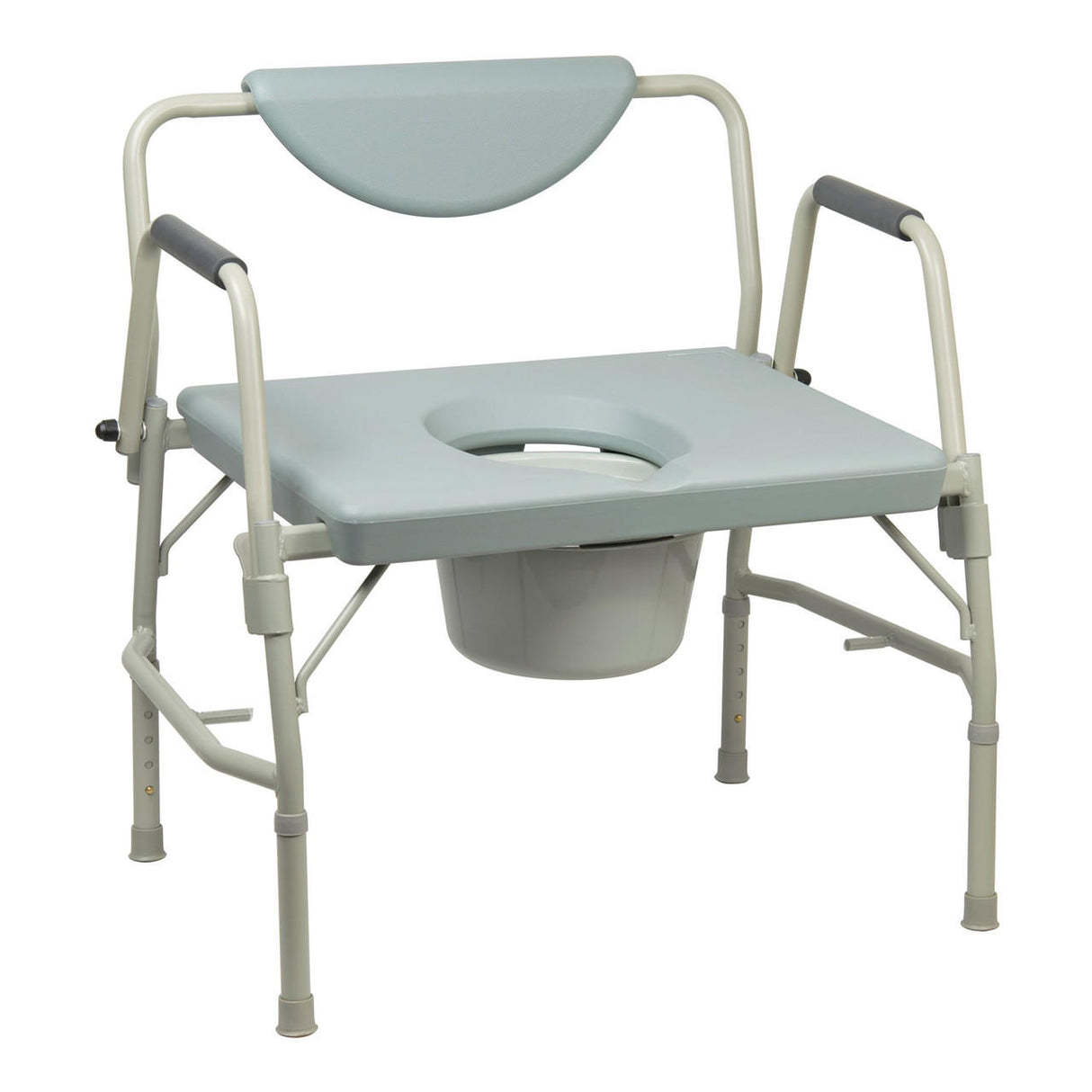 The McKesson Bariatric Commode Chair features a wide, gray steel frame with armrests, padded backrest, an open-center seat, and a removable bucket for heavy-duty support.