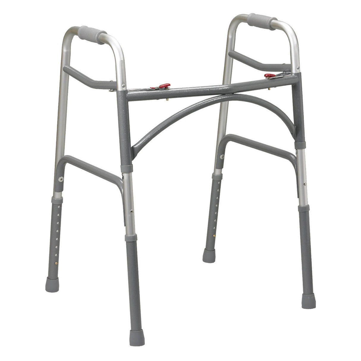 The McKesson Bariatric Folding Walker, Silver, features four legs with non-slip rubber caps, adjustable height, two curved hand grips, and sturdy construction for reliable mobility support. Brand: McKesson.
