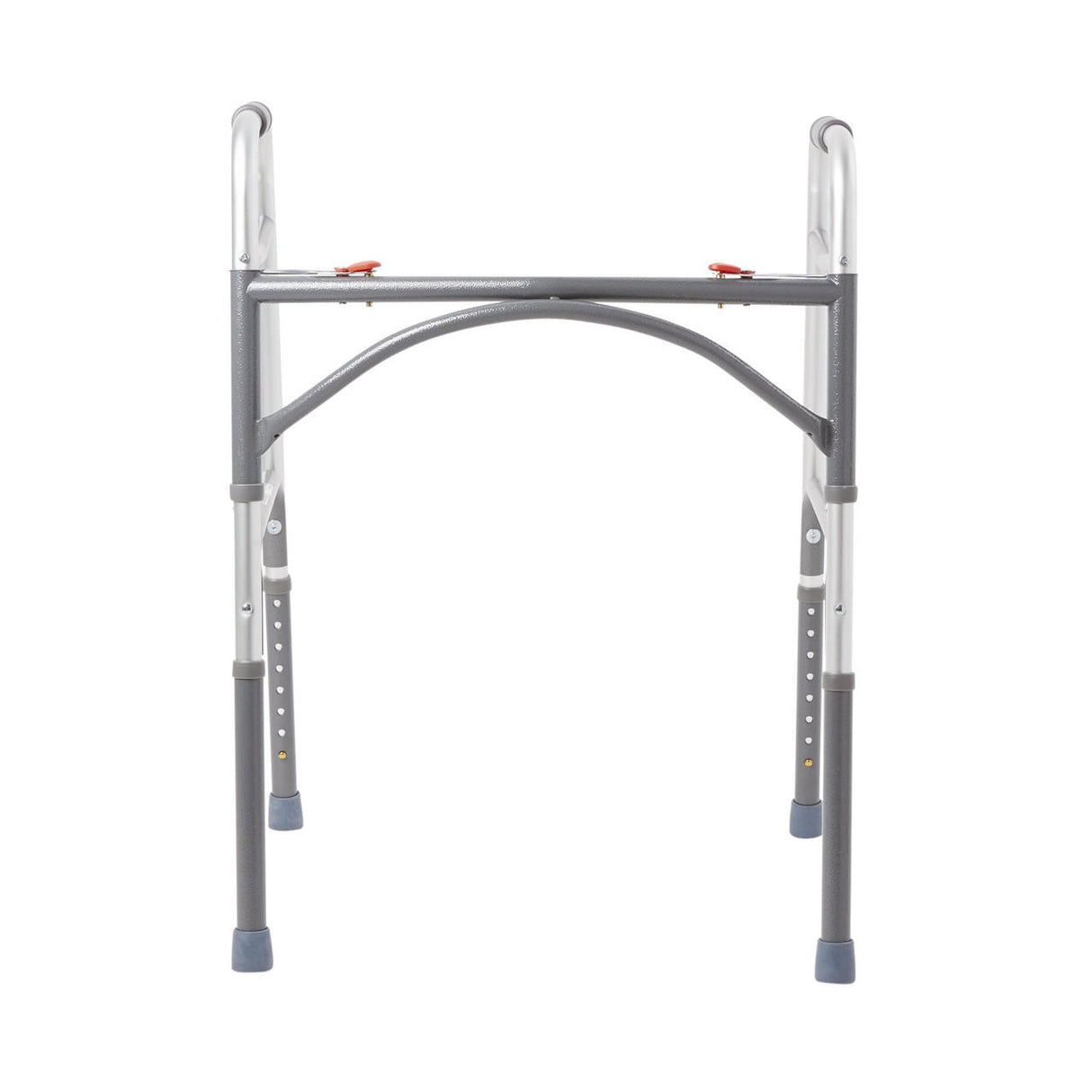 A front-facing view of the McKesson Bariatric Folding Walker in silver, a metal adjustable height walker by McKesson with four rubber-tipped legs for mobility assistance.