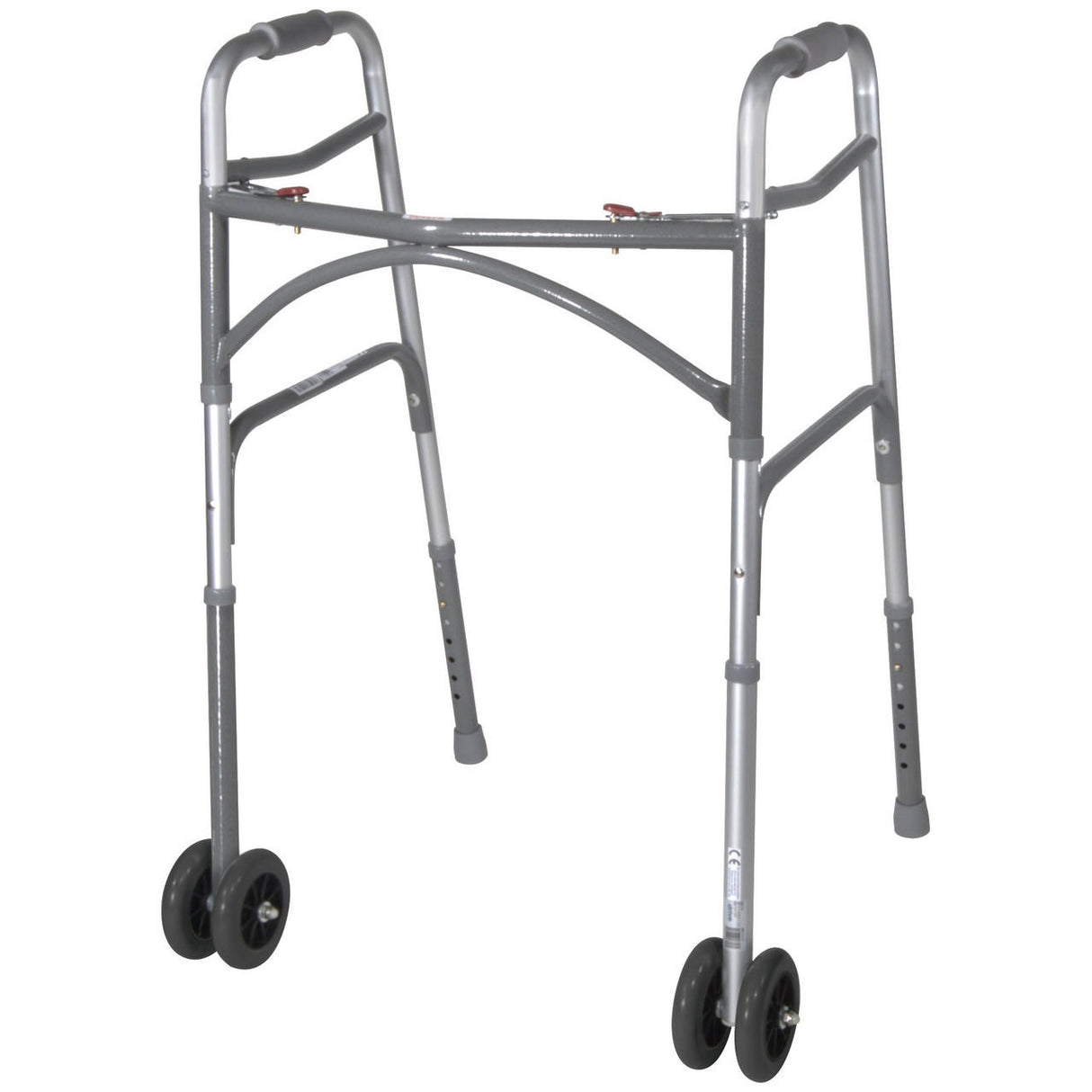 The McKesson Bariatric Folding Walker w/ Wheels by McKesson supports up to 500 lbs and features an aluminum frame, two front wheels, rear rubber-tipped legs, hand grips, and adjustable height for reliable mobility assistance.
