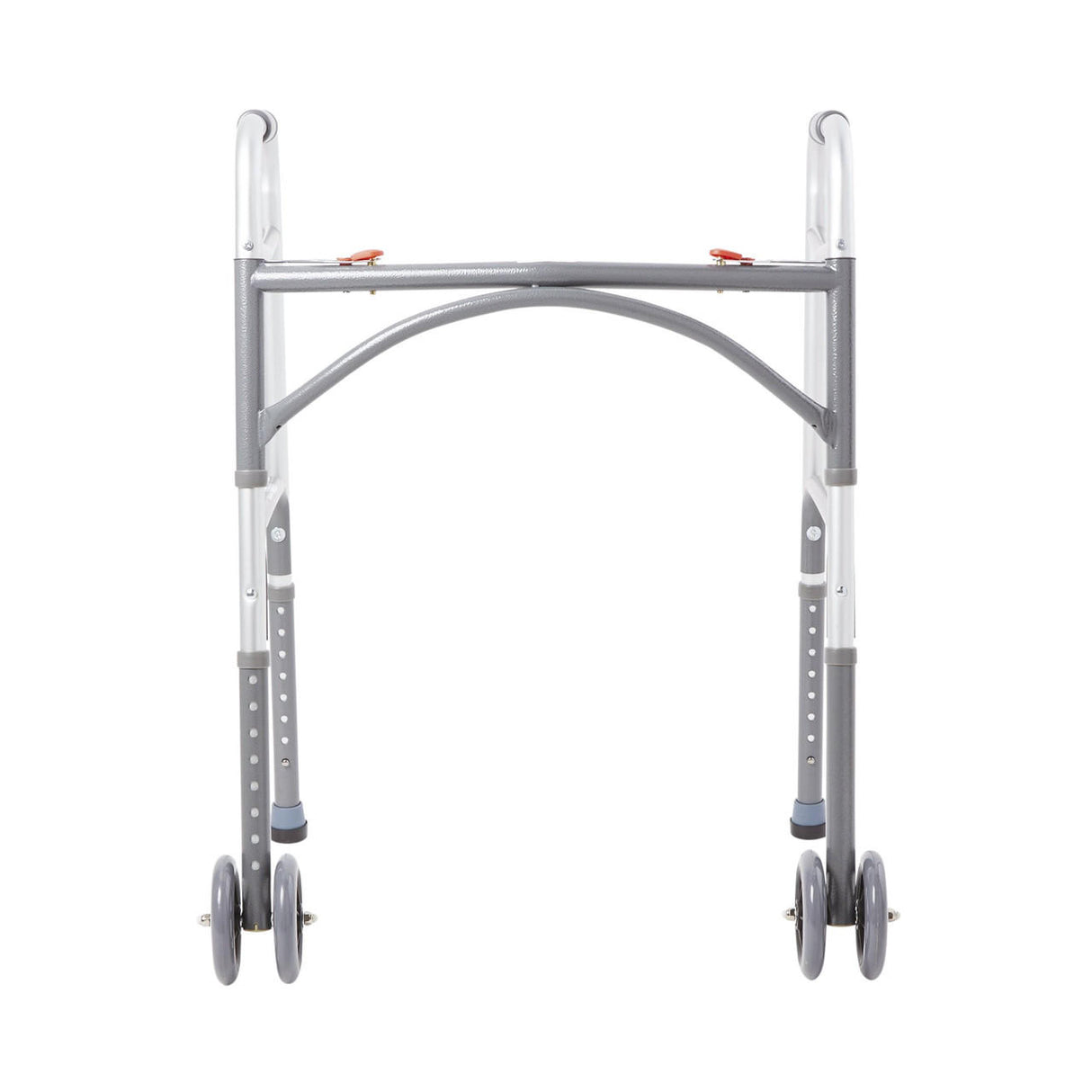 The McKesson Bariatric Folding Walker w/ Wheels by McKesson is a heavy-duty aluminum walker with a 500 lbs capacity, two front wheels, rear rubber-tipped legs for stability, curved handles, and adjustable height settings.